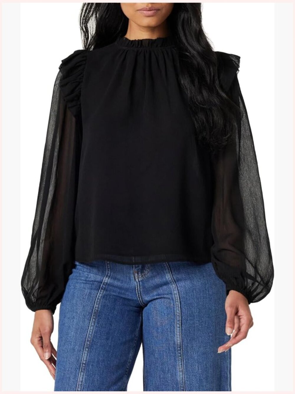 Ruffle Shoulder Blouse - Mock Neck Long Sleeve Tunic